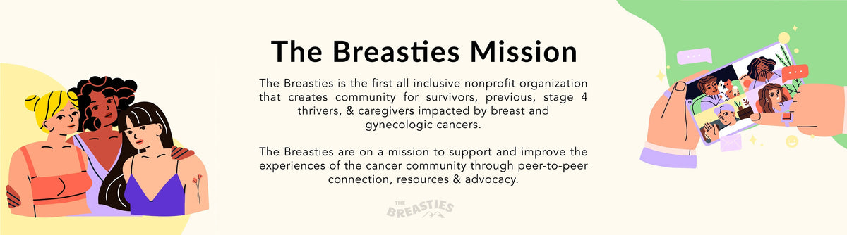 Promotional graphic for 'The Breasties' organization with illustrations of women and a smartphone.
