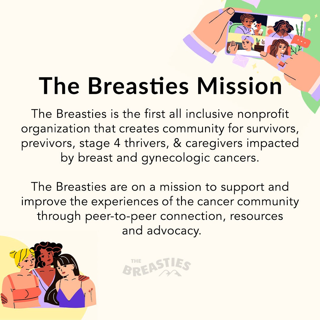 Text about The Breasties Mission with a colorful illustration of people on a phone screen.