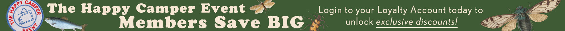 A promotional banner with the Happy Camper Event Members Save BIG text, a circular logo on the left, and a login prompt.