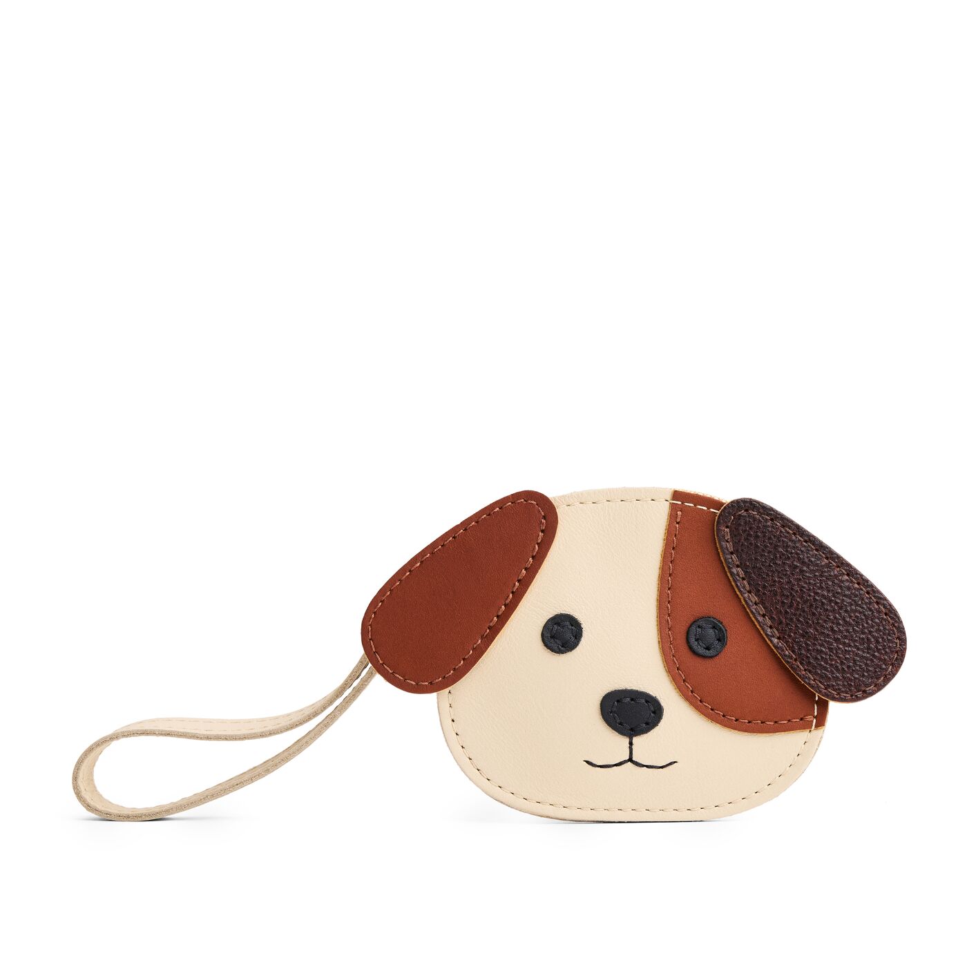Bone | A small dog-shaped leather pouch with embroidered facial details and a wrist strap.