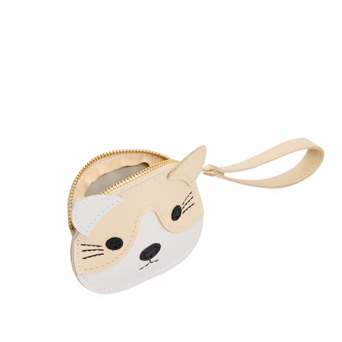 Pearl | A small cat-shaped leather pouch with embroidered facial details and a wrist strap.