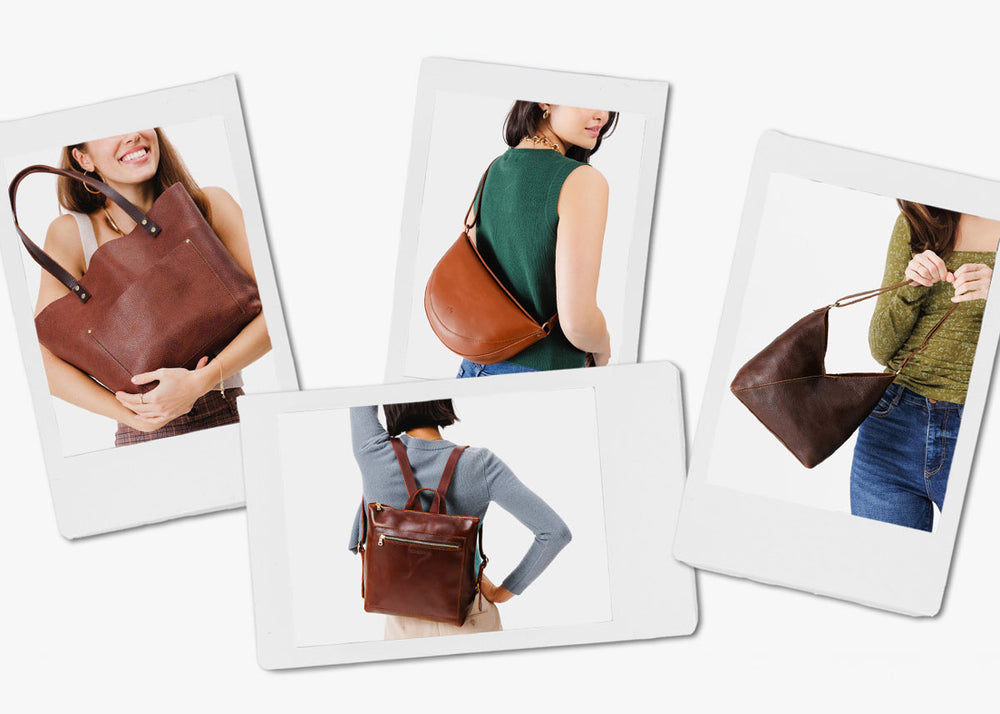 Four polaroid-style photo frames showing women from different angles carrying a brown leather shoulder bag or backpack, arranged on a light gray background.