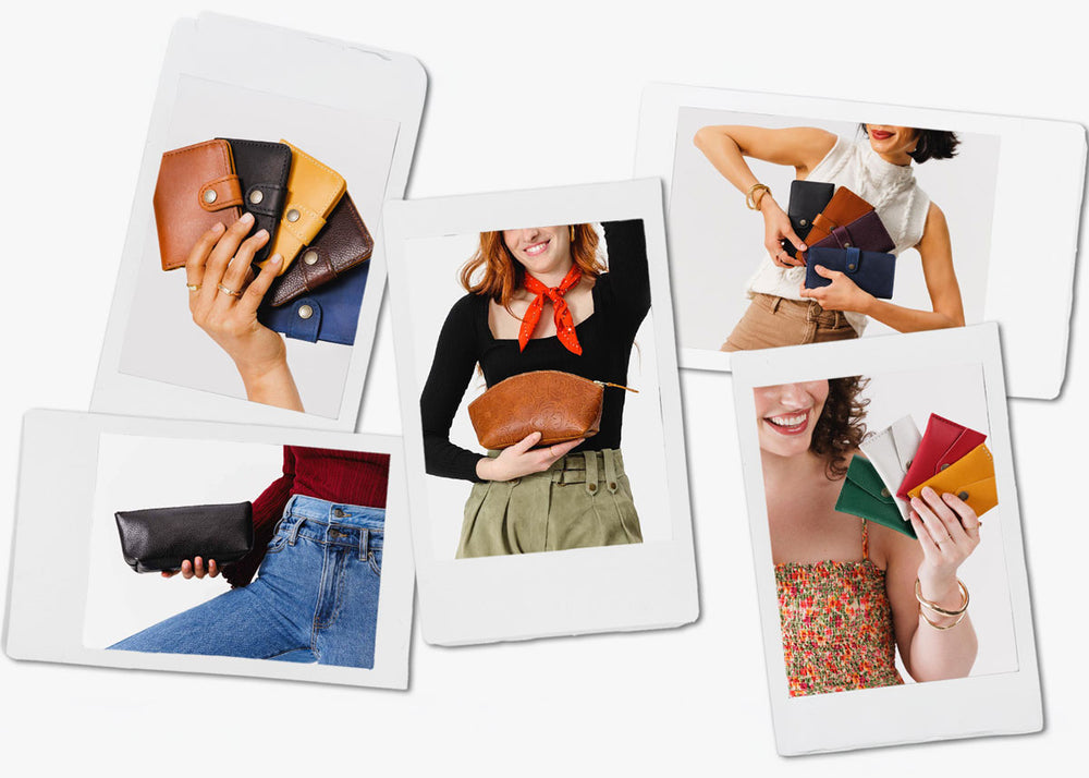 A collage of five Polaroid-style photos showing a person holding and wearing multiple wallets or pouches in different colors