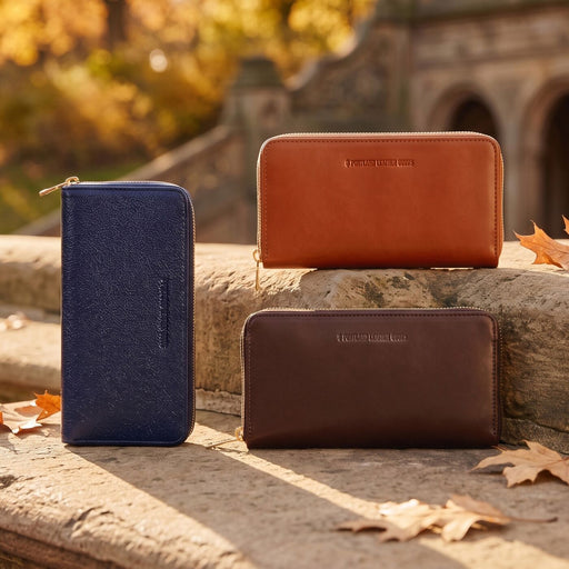 Three leather zip-around wallets arranged on stone steps outdoors with autumn leaves and a blurred park background.  featured image