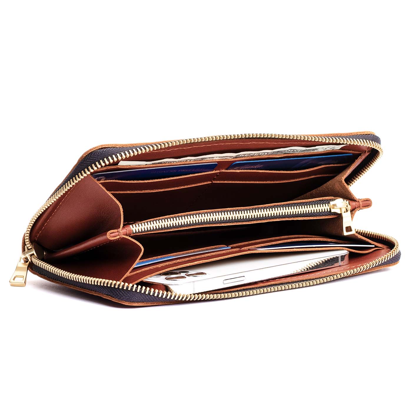 Chestnut | Large accordion leather wallet with zipper open