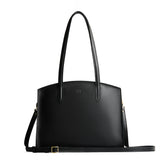 Black Large | Leather tote bag with handles, adjustable crossbody strap, zipper top, and two back pockets