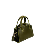 Pebbled Olive Mini | Leather tote bag with handles, adjustable crossbody strap, zipper top, and a back pocket
