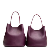 Plum | Size comparison image of two symmetrical leather bucket bags