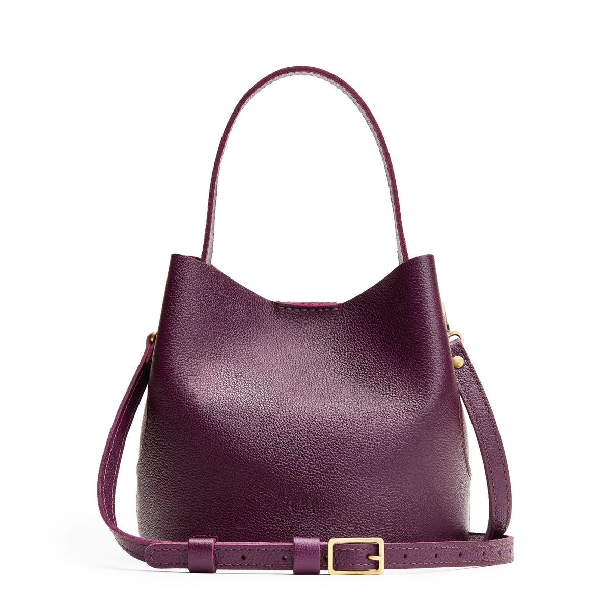 Plum*Small | Symmetrical bucket bag with handle, latch closure, and removable crossbody strap