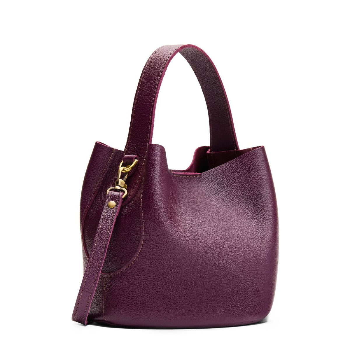 Plum*Small | Symmetrical bucket bag with handle, latch closure, and removable crossbody strap