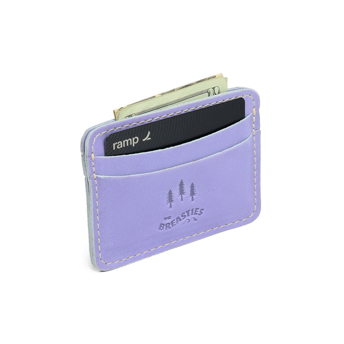 Chalk Violet | Minimalist leather wallet with card slots branded with PLG trees and The Breasties logo