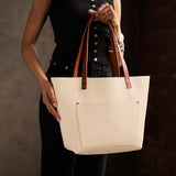 Pebbled Bone Classic | Large leather tote bag with sturdy bridle handles and front pocket