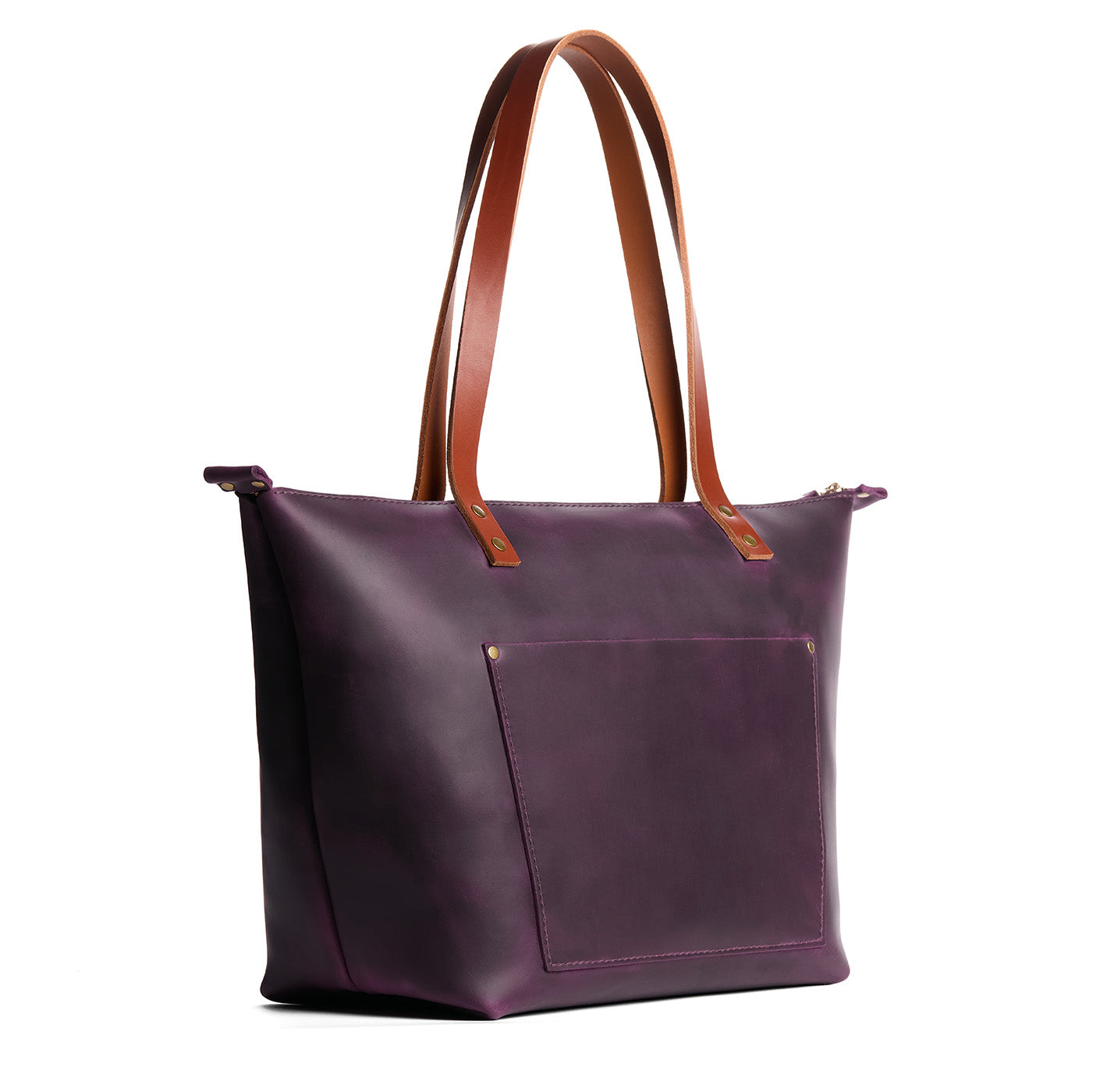Larkspur*Zipper | Large zipper leather tote bag with sturdy bridle handles and front pocket