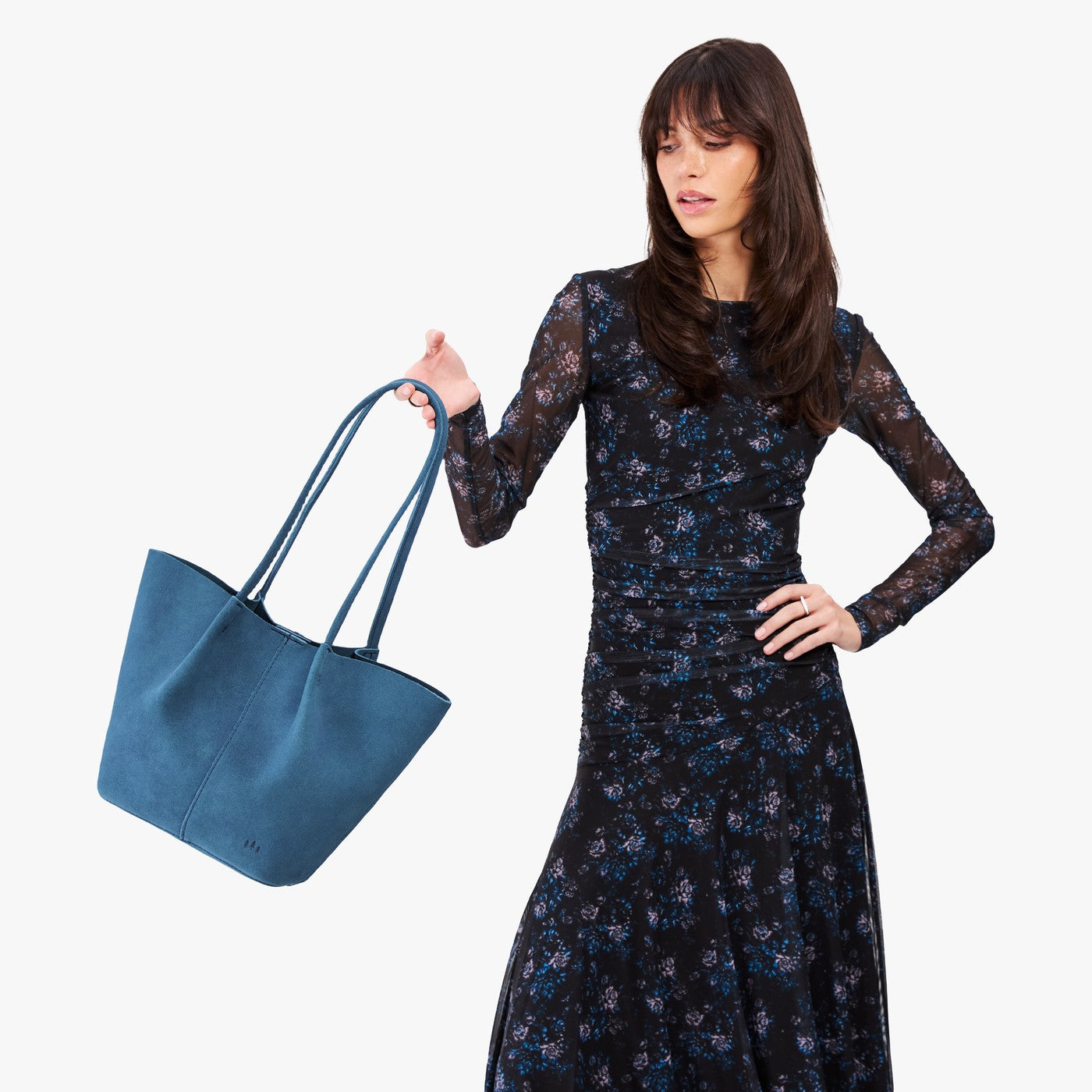 Mariner Blue*Large | Model holding wide bucket shaped tote bag with matching leather handles