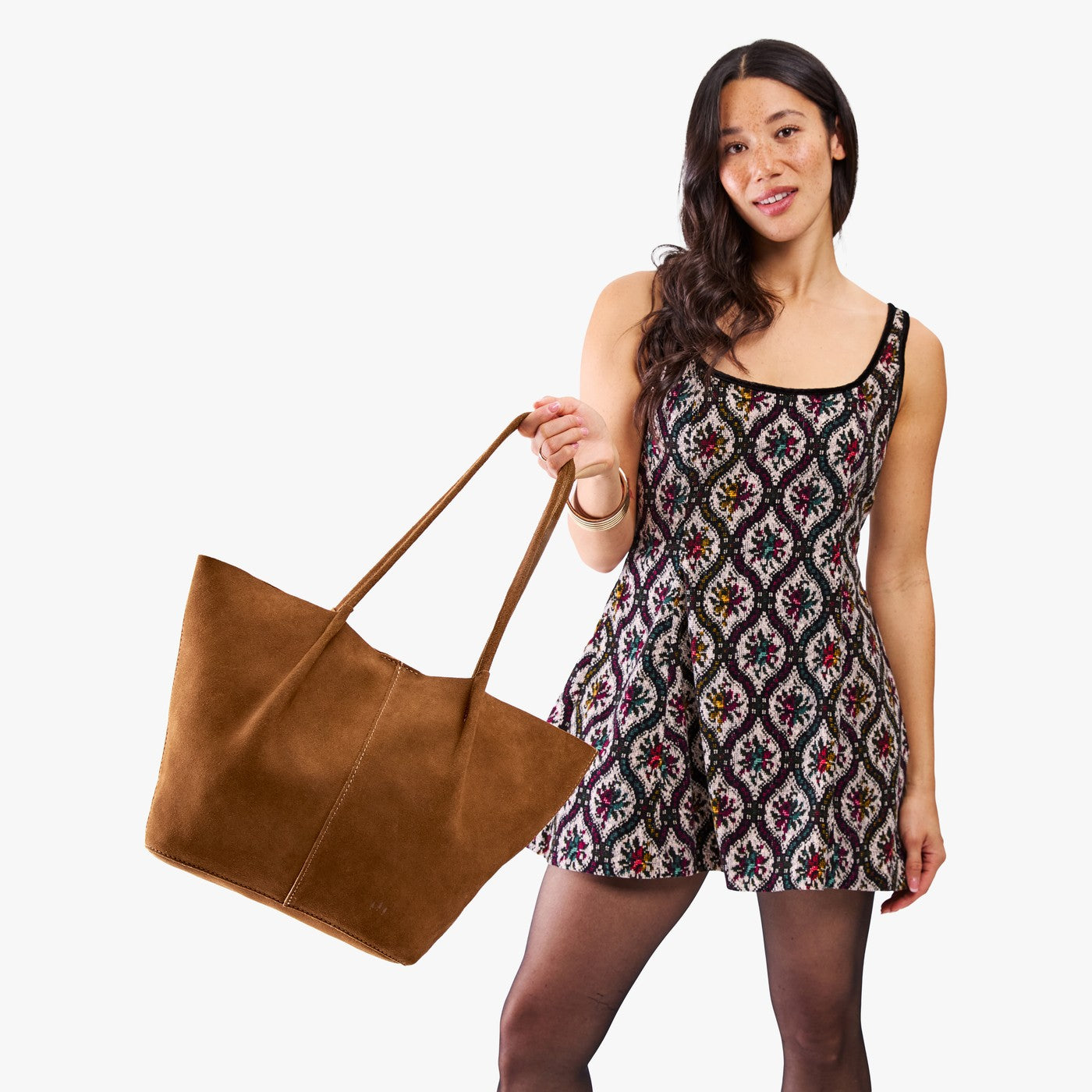 Jackson*Oversized | Model holding extra wide bucket shaped tote bag with matching leather handles