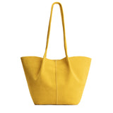 Hello Yellow Large | Wide bucket shaped tote bag with matching leather handles