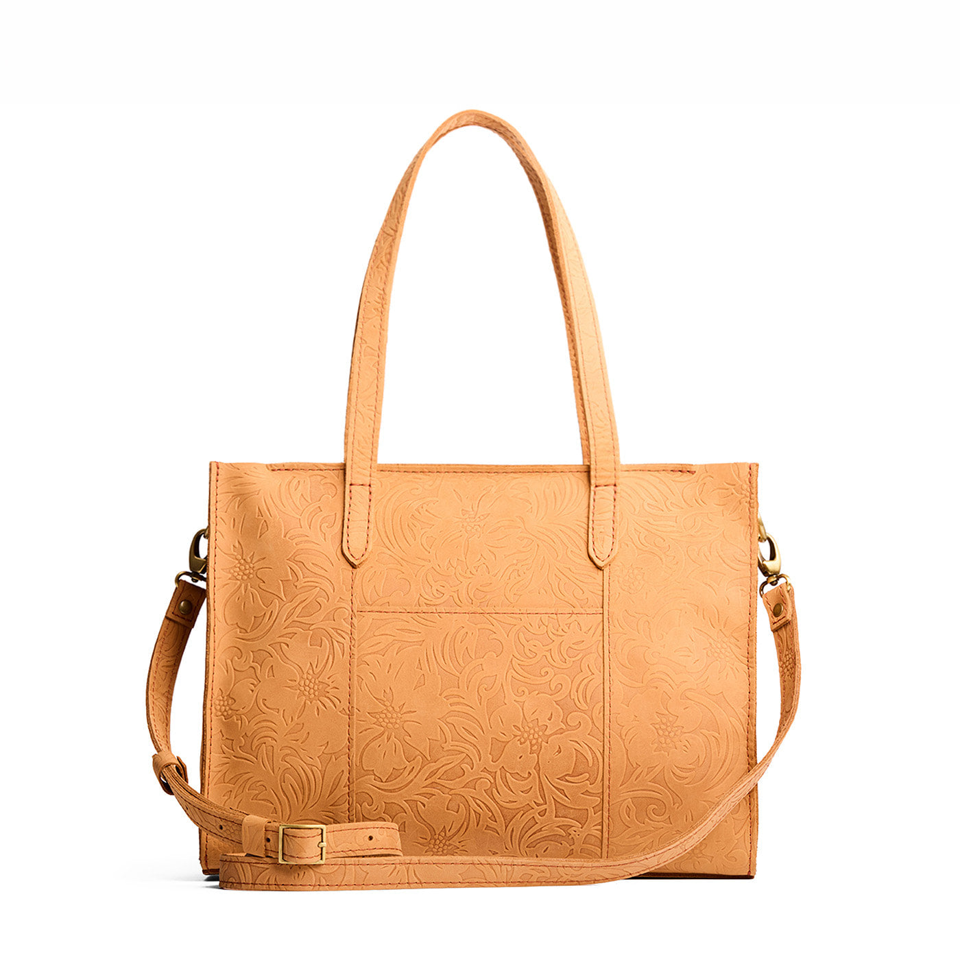 Desert Flower | Structured wide embossed leather tote bag with overlapping panels and crossbody strap