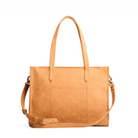 Desert Flower | Structured wide embossed leather tote bag with overlapping panels and crossbody strap