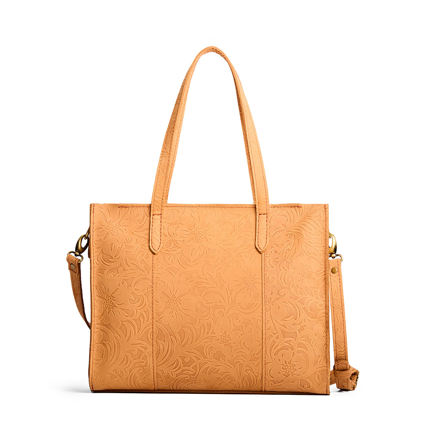 Desert Flower | Structured wide embossed leather tote bag with overlapping panels and crossbody strap
