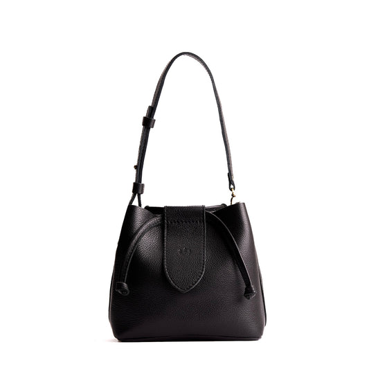 Pebbled--black*Small | Symmetrical leather bag with leather drawstring closure and adjustable shoulder strap