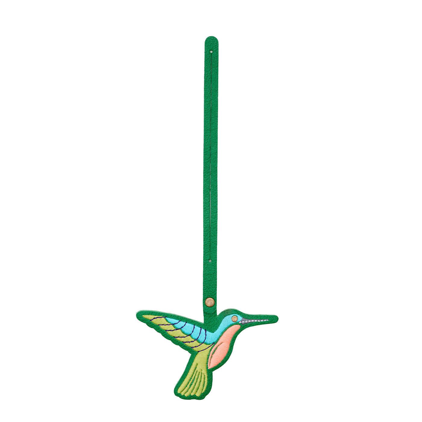 Jolly Green | Multi-colored hummingbird embroidered on a leather tassel