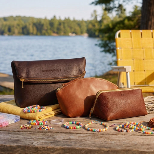 Three brown leather zip pouches of different sizes arranged on a wooden table outdoors, with colorful beaded bracelets and folded yellow towels in front. A lake and trees are visible in the background, along with a yellow chair. featured image