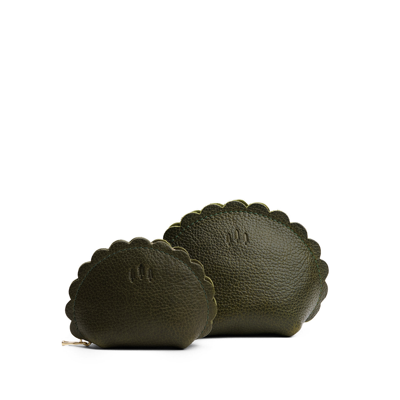 Pebbled Olive | Curved leather pouch with zipper and scalloped edges