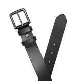 Jet Black | Front and back of mens leather belt with two belt loops and antiqued brass buckle