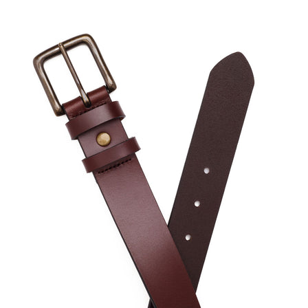 Pecan | Front and back of mens leather belt with two belt loops and antiqued brass buckle