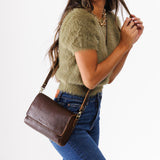 Coldbrew Medium | Model wearing leather Crossbody Bag with Magnetic Messenger Bag Closure