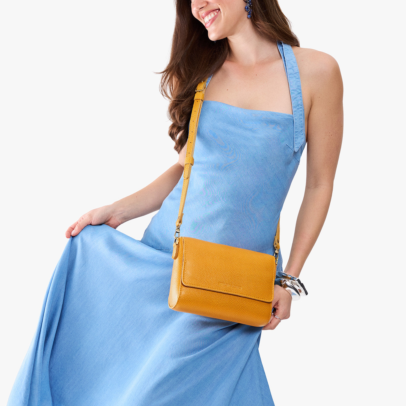 Sunshine*Medium | Model Wearing Small Leather Crossbody Bag with Magnetic Messenger Bag Closure