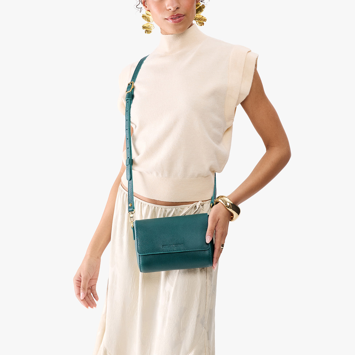 Sea Glass*Mini | Model Wearing Small Leather Crossbody Bag with Magnetic Messenger Bag Closure