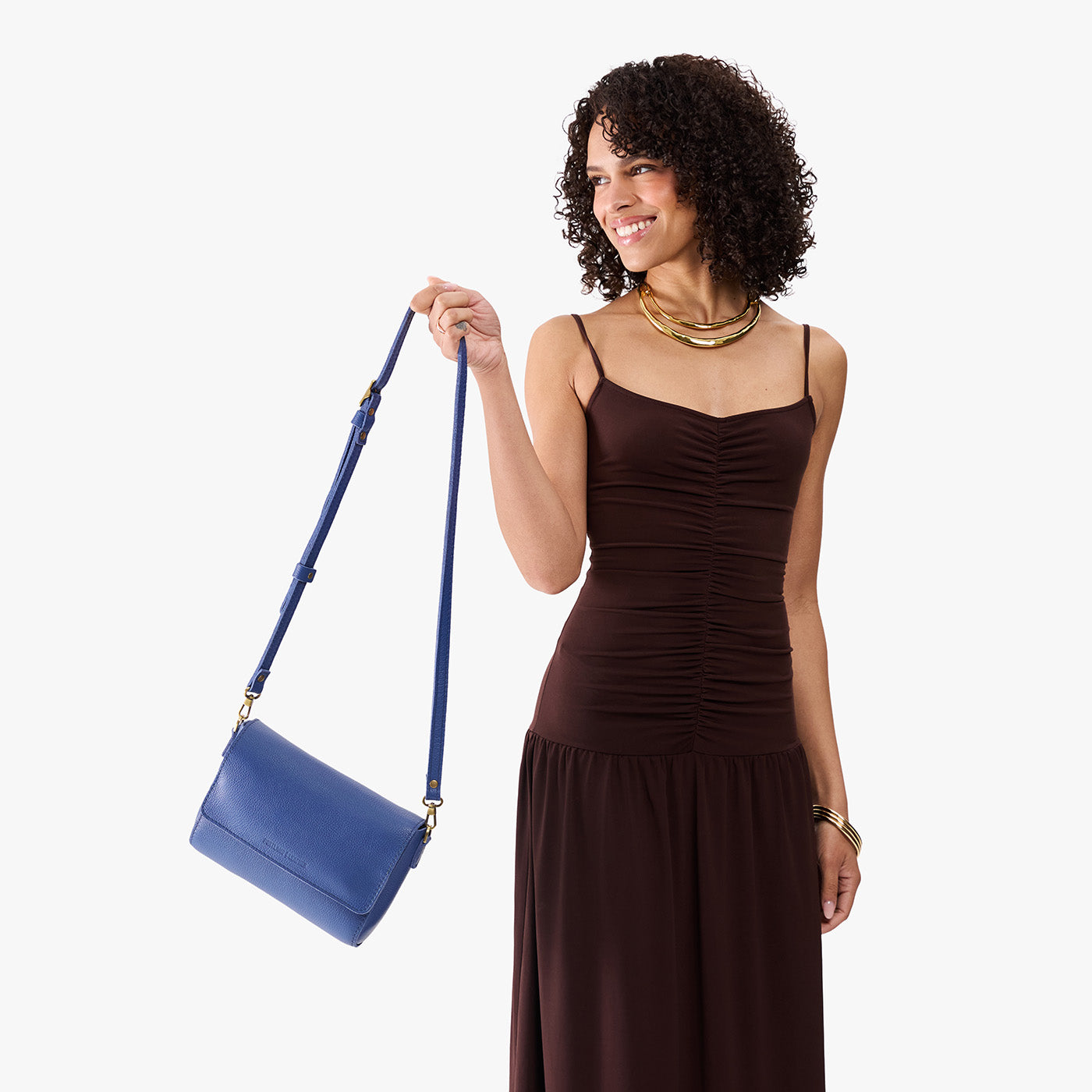 Molino Blue*Medium | Model Holding Leather Crossbody Bag with Magnetic Messenger Bag Closure