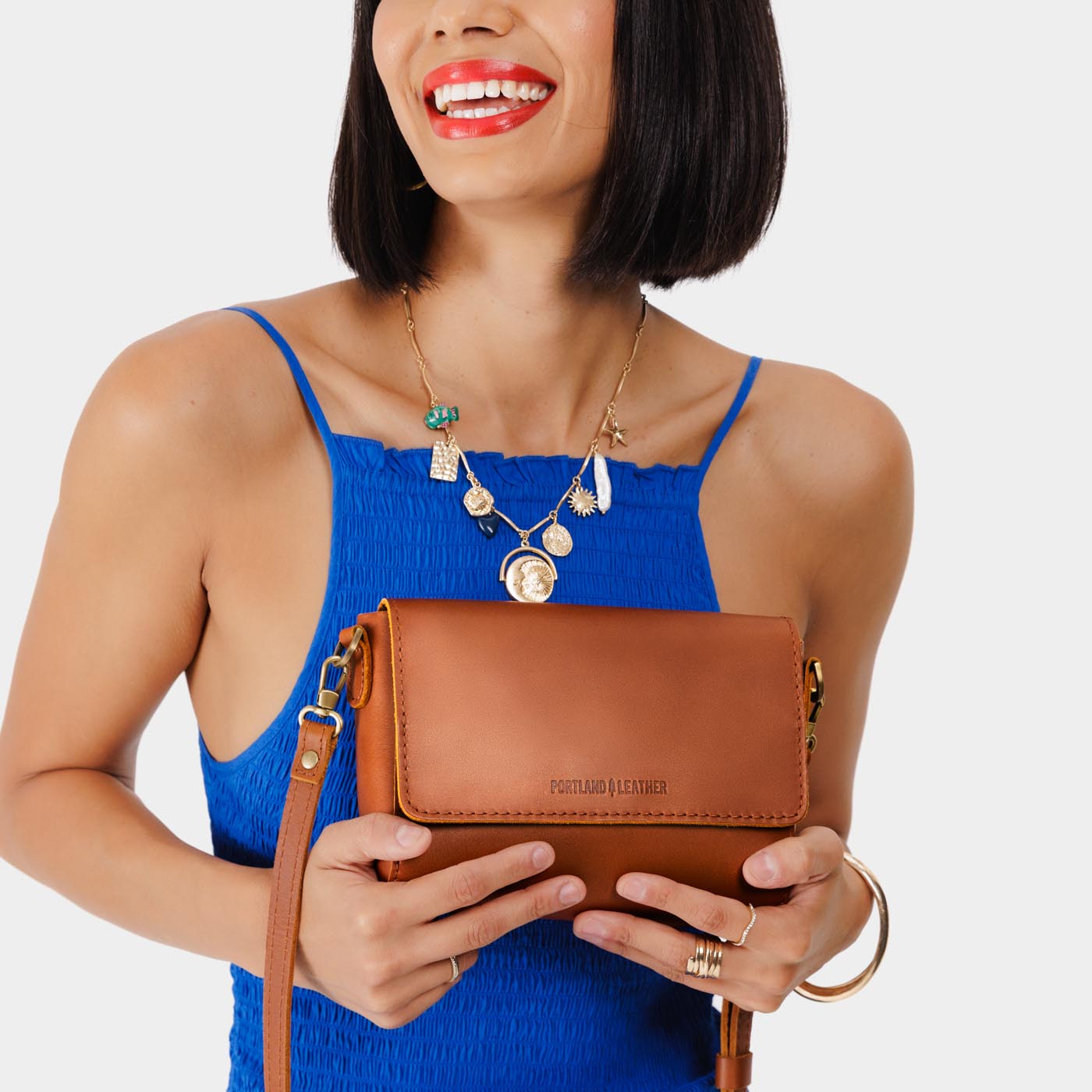 Honey*Mini | Model Wearing Small Leather Crossbody Bag with Magnetic Messenger Bag Closure