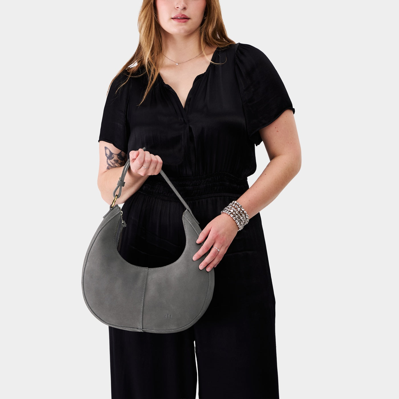 Smoke Grey*Large | Crescent shaped shoulder bag with zipper closure and adjustable strap
