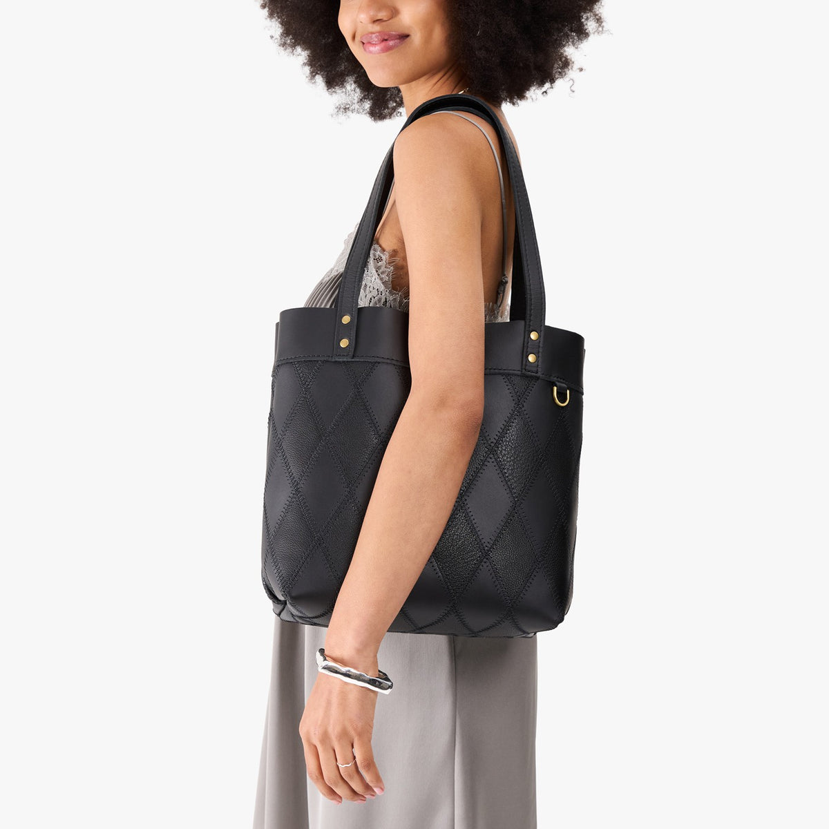 Graphite*Medium*Classic | Leather tote bag with riveted straps and exterior key loop