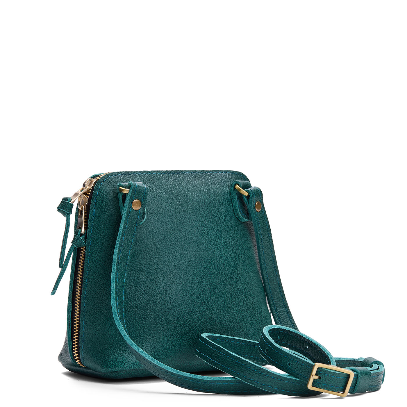 Sea Glass*Small | Compact leather bag with top zipper, front zipper pocket, and adjustable crossbody strap