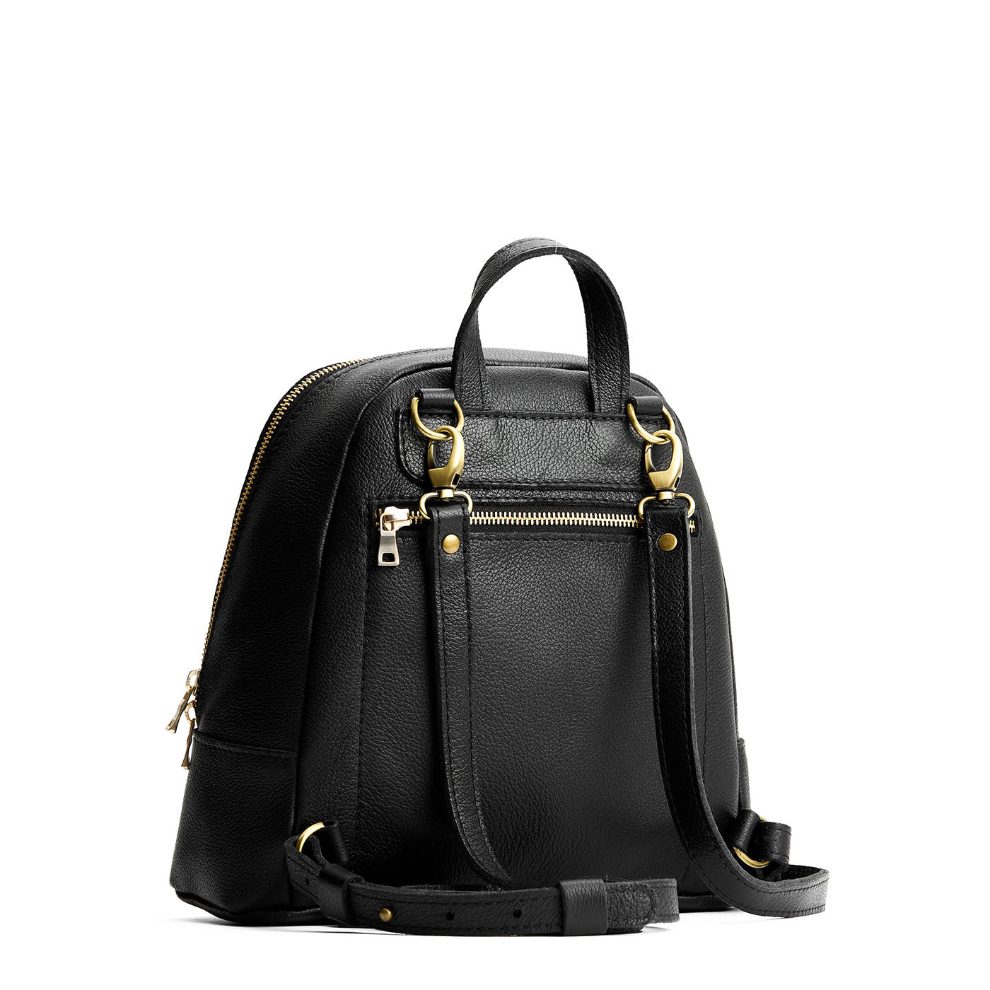 Pebbled--black | Leather backpack with debossed Portland Leather logo on front, with zipper closure and straps with lobster clasps