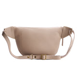 Oatmilk | Leather fanny pack shaped bag with a front zipper opening