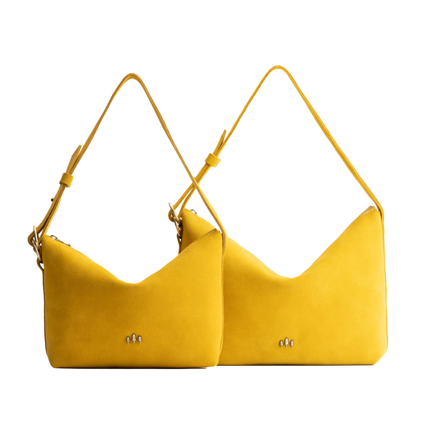 Hello Yellow | Size comparison shot of small and large slouchy leather shoulder bags with zipper opening and three metal tree emblems