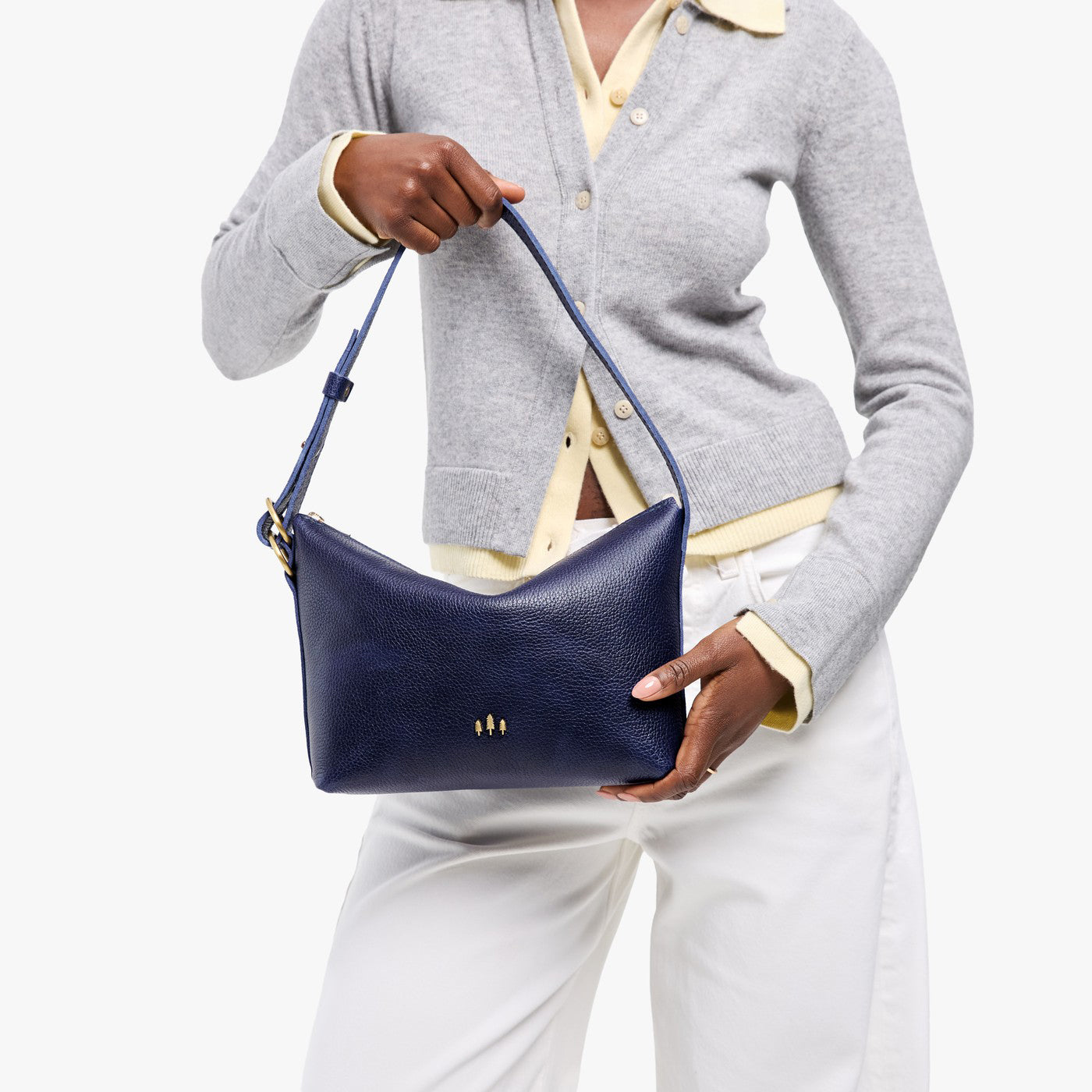 Cobalt*Small | Petite slouchy leather shoulder bag with zipper opening and three metal tree emblems