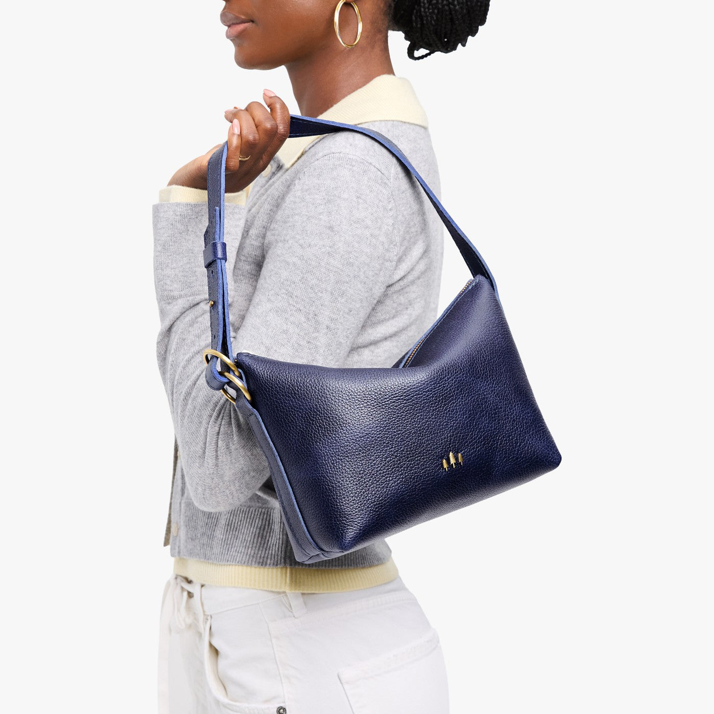 Cobalt*Small | Petite slouchy leather shoulder bag with zipper opening and three metal tree emblems