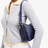 Cobalt Small | Petite slouchy leather shoulder bag with zipper opening and three metal tree emblems