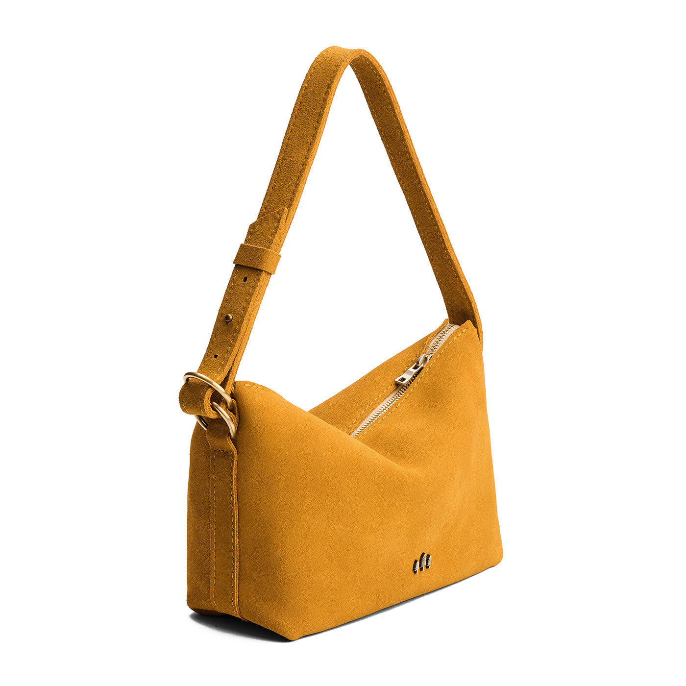 Dijon*Small | Slouchy Shoulder Bag that has a zipper opening and three metal tree emblems on a white background