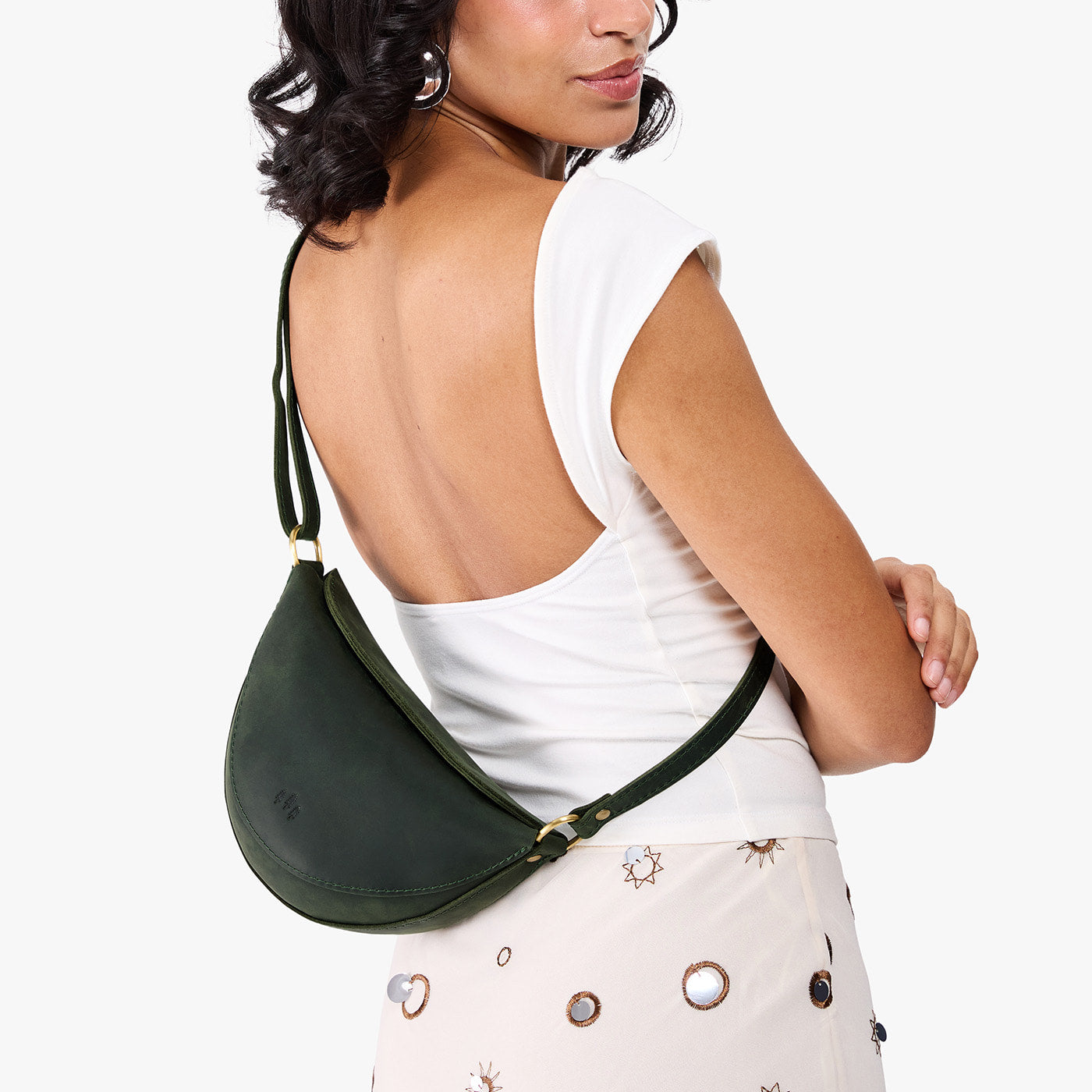 Evergreen*Small | Model wearing petite half circle shaped sling bag