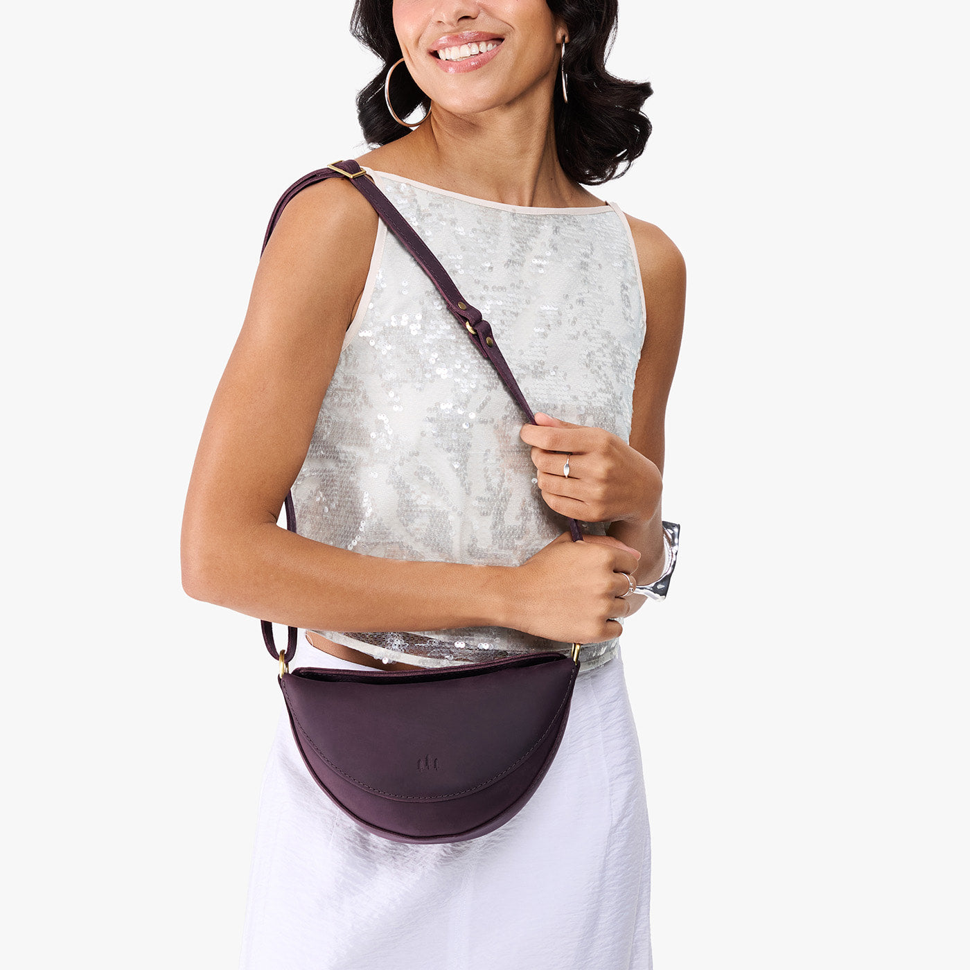 Larkspur*Small | Model wearing petite half circle shaped sling bag