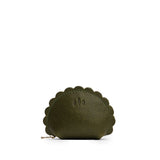 Pebbled Olive Small | Curved leather pouch with zipper and scalloped edges