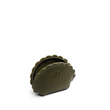 Pebbled Olive Small | Curved leather pouch with zipper and scalloped edges