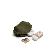 Pebbled Olive Small | Curved leather pouch with zipper and scalloped edges