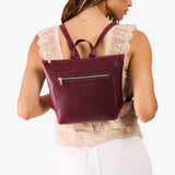 Cabernet Small | Model wearing square slim leather tote backpack 